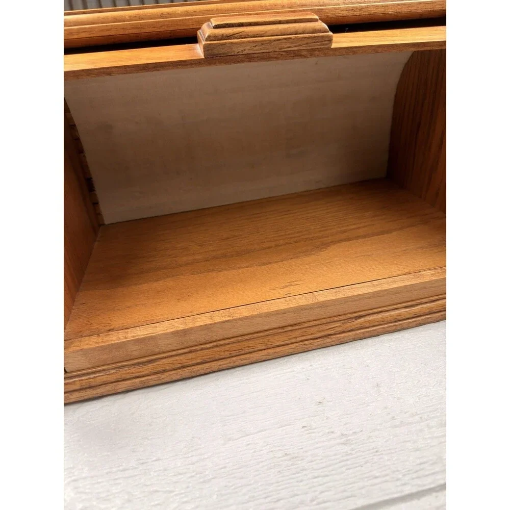 Vintage Solid Oak Roll Top Bread Box Tambour Door Farmhouse Kitchen Storage
